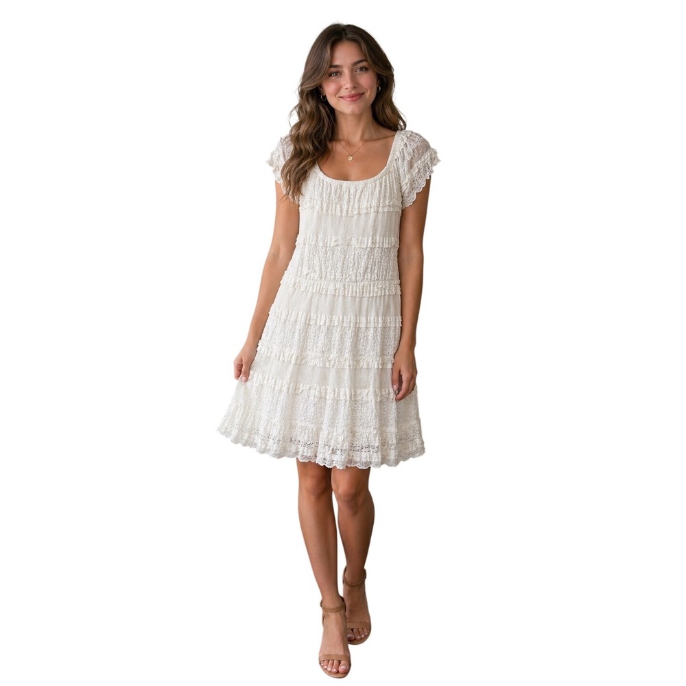 Trixxi White Lace Tiered Mini Dress SZ M Cottagecore Coquette Boho Bridal Ruffle